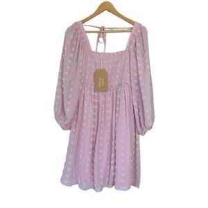 Listicle Medium Sheer Long Sleeve Square Neckline Smocked‎ Bodice Polka Dot Pink